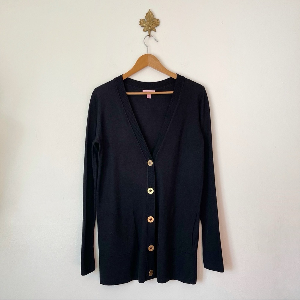 Lilly Pulitzer Black Vneck button cardigan size Large preowned